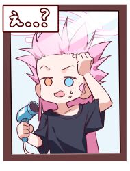  1girl :o black_shirt blue_archive capry collarbone commentary forehead hair_dryer halo heterochromia highres holding holding_hair_dryer hoshino_(blue_archive) mirror pink_hair reflection reflection_focus shirt solo sweatdrop t-shirt upper_body 