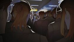  6+boys androgynous backlighting black_hair ceiling ceiling_light clone collared_shirt commentary_request ear_piercing hair_between_eyes half_updo hallway heterochromia highres jacket korean_commentary lapels multiple_boys mzet necktie orange_hair original piercing shirt subway tile_wall tiles 