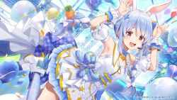  1girl absurdres animal_ears armpits arms_up balloon blue_bow blue_bowtie blue_hair blue_thighhighs boots bow bowtie braid breasts carrot_hair_ornament commentary_request concert confetti corset detached_sleeves dress extra_ears food-themed_hair_ornament gold_trim hair_ornament headset high_heel_boots high_heels highres hikimayu hololive hololive_dreams layered_dress long_hair looking_at_viewer multicolored_hair official_art open_mouth puffy_detached_sleeves puffy_short_sleeves puffy_sleeves rabbit-shaped_pupils rabbit_ears rabbit_girl rabbit_pose red_eyes short_eyebrows short_sleeves sidelocks small_breasts solo star_(symbol) star_hair_ornament symbol-shaped_pupils teeth thick_eyebrows thigh-highs twin_braids two-tone_hair upper_teeth_only usada_pekora virtual_youtuber white_boots white_dress white_hair 