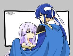  bandana blue_hair brother_and_sister cape circlet fire_emblem fire_emblem:_genealogy_of_the_holy_war julia_(fire_emblem) looking_at_viewer looking_back ponytail purple_hair seliph_(fire_emblem) siblings simple_background staring yukia_(firstaid0) 