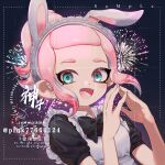  1girl animal_ears artist_name black_background black_bow black_bowtie blue_eyes bow bowtie commentary_request commission dot_nose fang fireworks inkling inkling_girl jinkobanana maid maid_headdress open_mouth own_hands_together pink_hair ponytail rabbit_ears sample_watermark short_hair sidelocks solo splatoon_(series) upper_body watermark 