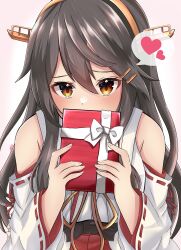  1girl absurdres black_hair brown_eyes detached_sleeves gift hair_between_eyes hair_ornament hairband hairclip haruna_(kancolle) haruna_kai_ni_(kancolle) headgear heart highres holding holding_gift japanese_clothes kantai_collection long_hair nanonaiteitoku nontraditional_miko ribbon-trimmed_sleeves ribbon_trim speech_bubble spoken_heart 
