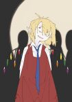  1girl arms_behind_back blonde_hair blue_necktie bolos collared_shirt commentary cowboy_shot crystal different_shadow dress english_commentary eyes_visible_through_hair fang fangs flandre_scarlet four_of_a_kind_(touhou) hair_between_eyes head_tilt long_bangs looking_up messy_hair necktie no_headwear open_mouth pale_skin pinafore_dress pointy_ears red_dress red_eyes shadow shirt short_hair sleeveless sleeveless_dress smile solo torn_clothes torn_dress torn_necktie touhou white_shirt wings 