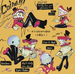  ! absurdres black_hat black_pants blue_eyes bubble_(the_amazing_digital_circus) caine_(the_amazing_digital_circus) cane chinese_commentary chinese_text commentary_request english_text flaleur hands_on_own_hips hat heterochromia highres holding holding_pencil jacket lying male_focus on_stomach pants paper pencil red_jacket sharp_teeth shirt suit_jacket teeth the_amazing_digital_circus top_hat translation_request white_shirt yellow_background yellow_eyes 