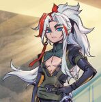  1boy black_bodysuit bodysuit brown_background cleavage_cutout clothing_cutout earrings expressionless frown green_eyes grey_hair hand_on_own_hip heartsteel_yone jewelry league_of_legends long_hair long_sleeves looking_at_viewer phantom_ix_row ponytail redhead solo upper_body 