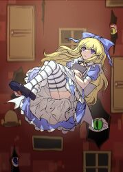  1girl alice_(black_souls) apron black_souls black_souls_2 blonde_hair blue_bow blue_dress book bow door dress falling hashtag-only_commentary head_bow highres holding holding_book long_hair pandemonic_planet_(wmzplanet) puffy_short_sleeves puffy_sleeves shoes short_sleeves solo striped_clothes striped_thighhighs thigh-highs violet_eyes white_apron 