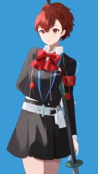  1girl belt black_jacket black_skirt blue_background bow brown_hair closed_mouth collared_shirt commentary_request evoker gekkoukan_high_school_uniform hair_ornament hairclip headphones headphones_around_neck highres holding holding_polearm holding_weapon holster jacket konchi_(63438789) lanyard long_sleeves mp3_player naginata persona persona_3 persona_3_portable polearm red_bow red_eyes ribbon school_uniform shiomi_kotone shirt short_hair simple_background skirt smile weapon white_belt white_shirt 