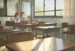  2girls absurdres blue_sailor_collar blue_skirt brown_hair classroom desk euphonium hibike!_euphonium highres instrument kinakojojo light_rays multiple_girls music music_stand nakagawa_natsuki oumae_kumiko playing_instrument pleated_skirt ponytail reflective_surface sailor_collar scenery school_desk school_uniform short_hair skirt 