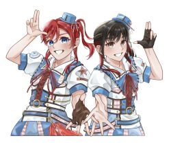  2girls absurdres animification arm_up black_hair blue_eyes brown_gloves clenched_teeth fingerless_gloves gloves hand_up highres liella!_7th_lovelive!_~fly!_music_world~ looking_at_viewer love_live! love_live!_superstar!! multicolored_hair multiple_girls official_alternate_costume open_hand open_the_gate!!!_(love_live!) parted_lips red_hair short_hair_with_long_locks shorts side_ponytail simple_background single_glove smile star_(symbol) teeth two-tone_hair voice_actor w white_background wotaku_jinsei_enjoy_ikioi yabushima_akane yoneme_mei 