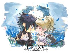  1boy 1girl bare_shoulders black_hair black_jacket black_pants blonde_hair blue_eyes blue_flower blue_petals braid breasts chibi chibi_only closed_eyes commentary_request copyright_name couple dog dress falling_petals field final_fantasy final_fantasy_xv flower flower_field hair_between_eyes hetero indian_style jacket jewelry kneeling long_hair looking_at_another lunafreya_nox_fleuret meadow medium_breasts necklace noctis_lucis_caelum open_mouth outdoors pants petals ponytail pryna_(ff15) ring ruins sayaendou0426 short_hair sitting smile spiky_hair twitter_username umbra_(ff15) white_dress 