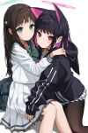  2girls absurdres airi_(blue_archive) animal_ears bag black_choker black_hair black_jacket black_pantyhose blue_archive blunt_bangs blush brown_hair cat_ears choker colored_inner_hair commentary green_eyes hair_ornament hairclip halo highres hood hooded_jacket hug jacket kazusa_(blue_archive) long_hair looking_at_viewer miniskirt momocadraw multicolored_hair multiple_girls pantyhose pink_hair pleated_skirt red_eyes school_bag school_uniform serafuku shirt short_hair skirt two-tone_hair white_background white_serafuku white_shirt white_skirt 