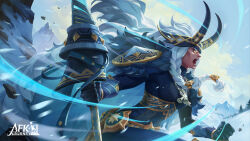  1girl afk_(series) afk_journey alna_(afk) armor armored_dress braid charging_forward clenched_hand copyright_logo dark-skinned_female dark_skin dress english_commentary gauntlets glowing glowing_eyes grey_hair headpiece highres holding holding_weapon jewelry logo long_hair motion_lines mountain necklace official_art official_wallpaper open_mouth shoulder_armor shouting snow snowing solo speed_lines twin_braids upper_body vambraces very_long_hair weapon winter yellow_eyes 