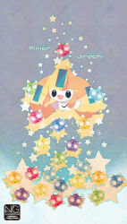  character_name colored_skin highres jirachi looking_at_viewer meme_(sleepsheep) minior minior_(blue_core) minior_(core) minior_(green_core) minior_(indigo_core) minior_(orange_core) minior_(red_core) minior_(violet_core) minior_(yellow_core) no_humans open_mouth pokemon pokemon_(creature) pokemon_focus smile star_(symbol) star_in_eye symbol_in_eye white_skin 