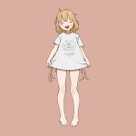  1girl bare_legs barefoot blonde_hair blush brown_background cat closed_eyes clothes_writing facing_viewer full_body futaba_anzu highres idolmaster idolmaster_cinderella_girls long_hair long_shirt low_twintails open_mouth shirt short_sleeves simple_background sks_(s3_rosquilla) smile solo straight-on t-shirt teeth toes twintails upper_teeth_only very_long_hair white_shirt 