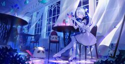  1girl absurdres ahoge aokumo_rin arched_window blue_eyes blue_flower blue_sky blue_theme blue_tulip bug butterfly chair closed_mouth clrawing commentary_request creature cup curtains dress expressionless floating_curtains flower frilled_dress frills from_side full_body glass_plate grey_hair hair_intakes hands_up highres holding holding_plate indoors korean_commentary kurimi_(aokumo_rin) long_hair looking_at_viewer looking_to_the_side maid_headdress multicolored_hair on_chair pantyhose parted_bangs plate puffy_short_sleeves puffy_sleeves roller_skates shoes short_sleeves side_ponytail sitting skates sky solo star_(sky) stellive streaked_hair tile_floor tiles tulip turning_head vase virtual_youtuber white_dress white_pantyhose white_shoes window 