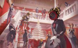  1other 6+boys 6+girls :d ? against_railing ahemsehszlfmf alcohol aqua_necktie art_gallery arthropod_limbs bare_shoulders bell-bottoms belt belt_buckle between_legs black_belt black_bow black_bowtie black_coat black_dress black_eyes black_gloves black_hair black_jacket black_pants black_shirt black_suit black_vest blonde_hair blue_eyes bottle bow bow_hairband bowtie brown_eyes brown_hair brown_shoes buckle buttons ceiling champagne champagne_coupe champagne_flute champagne_tower clock closed_eyes coat collared_shirt commentary_request crossed_arms cup curtained_hair dante_(limbus_company) dark-skinned_female dark_skin don_quixote_(project_moon) double-parted_bangs dress dress_pants dress_shirt drinking_glass faust_(project_moon) fingernails fire flower formal_clothes gauntlets gloves gold_trim gregor_(project_moon) grin hair_slicked_back hairband hand_between_legs hand_in_own_hair hand_on_own_arm hand_on_own_cheek hand_on_own_face hand_on_own_leg hand_up hands_clasped_in_delight hands_up heathcliff_(project_moon) high-low_dress high_heels high_ponytail highres holding holding_bottle holding_cup holding_paper hong_lu_(project_moon) indoors ishmael_(project_moon) jacket jacket_on_shoulders jewelry kneeling korean_commentary ladder lapel_pin lapels leaning_forward limbus_company long_dress long_hair long_sleeves looking_at_another looking_at_viewer looking_down looking_to_the_side low_ponytail meursault_(project_moon) mixed-language_commentary multiple_boys multiple_girls necklace necktie notched_lapels object_head off-shoulder_dress off_shoulder official_alternate_costume on_railing on_stairs open_clothes open_jacket open_mouth orange_hair outis_(project_moon) outstretched_arm own_hands_clasped own_hands_together painting_(object) pants paper pink_flower pink_rose ponytail portrait_(object) pouring project_moon puffy_short_sleeves puffy_sleeves railing red_carpet red_eyes red_pants red_shirt red_shoes rodion_(project_moon) rose ryoshu_(project_moon) shirt shoes short_hair short_sleeves sidelocks sinclair_(project_moon) sitting sleeveless sleeveless_shirt smile spaghetti_strap sparkle sparkling_aura stage_lights stairs standing stepladder suit suspenders sword sword_on_back table tablecloth tailcoat thigh_gap thigh_strap two-sided_dress two-sided_fabric under_table very_long_hair vest waistcoat walking watch watch wavy_hair weapon weapon_on_back white_bow white_bowtie white_hair wine wine_glass wing_collar yellow_eyes yi_sang_(project_moon) 