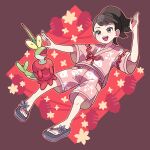  1girl :d arm_up brown_eyes brown_hair commentary_request dipplin festival_girl_(pokemon) freckles highres open_mouth outline pink_shirt pink_shorts pokemon pokemon_(creature) pokemon_(game) pokemon_sv ponytail sandals shirt short_sleeves shorts smile sutokame teeth tongue upper_teeth_only 