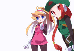  2girls beret black_bodysuit blonde_hair blue_eyes bodysuit braid brown_eyes brown_hair ciel_(mega_man) commentary_request cowboy_shot dress green_dress green_hat hat high_ponytail kaidou_zx long_hair mega_man_(series) mega_man_zero_(series) multiple_girls pink_shirt pink_skirt ponytail robot_ears shirt simple_background skirt smile unnamed_female_soldier_(mega_man_zero) white_background 