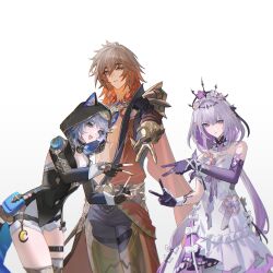  1boy 2girls animal_ear_fluff blonde_hair blue_eyes bow castorice_(honkai:_star_rail) cat_girl choker cipher_(honkai:_star_rail) clawed_gauntlets cloak coin commentary dress earrings elbow_gloves embarrassed expressionless fingerless_gloves flower gloves gradient_hair greco-roman_clothes grey_hair happy highres honkai:_star_rail honkai_(series) jewelry kiraandfriends leotard multicolored_hair multiple_girls mydei_(honkai:_star_rail) necklace open_clothes orange_eyes pants pointy_ears pouch purple_hair star_(symbol) streaked_hair tattoo thigh_strap toned toned_male untranslatable_commentary v violet_eyes 