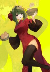  1girl :3 :d absurdres bamboo_steamer black_thighhighs blunt_bangs breasts bun_cover china_dress chinese_clothes commentary dress feet_out_of_frame floral_print floral_print_dress food green_hair grey_eyes hair_bun hair_intakes highres holding holding_bamboo_steamer large_breasts layered_sleeves long_dress long_sleeves looking_ahead looking_at_object mandarin_collar open_mouth original pankou pelvic_curtain print_dress red_dress red_shoes shoes short_over_long_sleeves short_sleeves side_slit sidelocks single_hair_bun single_side_bun smile solo standing standing_on_one_leg steamed_bun thigh-highs twisted_torso uzumi_hi wide_sleeves yellow_background zoom_layer 