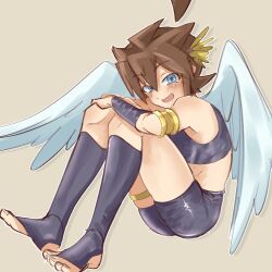  1boy ahoge angel_wings armlet bare_shoulders bike_shorts blue_eyes brown_hair commentary_request crop_top curled_up full_body hair_between_eyes highres hugging_own_legs jewelry kid_icarus laurel_crown male_focus open_mouth oyecomova08 pit_(kid_icarus) shirt sleeveless sleeveless_shirt smile solo stirrup_footwear toes wings 