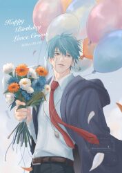 1boy absurdres balloon belt black_pants blue_eyes blue_hair bouquet brown_belt character_name collared_shirt commentary_request dated earrings facial_mark falling_petals happy_birthday highres holding holding_balloon jewelry knata09660180 lance_crown locket male_focus mashle necklace necktie orange_petals pants pendant petals planet_earrings red_necktie shirt solo upper_body white_petals white_shirt 