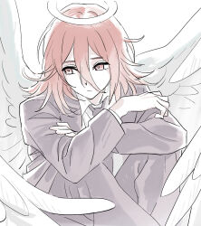  1boy androgynous angel_devil_(chainsaw_man) angel_wings chainsaw_man closed_mouth collared_shirt commentary_request feathered_wings hair_between_eyes halo highres hugging_own_legs jacket korean_commentary long_hair male_focus nagsu_(narksuhaza) necktie pale_skin pants red_eyes red_hair shirt solo suit suit_jacket traditional_halo upper_body white_background white_shirt white_wings wings 