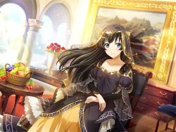  1girl black_dress black_hair black_shirt blue_eyes chair closed_mouth collarbone dress dutch_angle food frilled_dress frills fruit fruit_basket game_cg indoors kagura_hikari long_hair long_sleeves looking_at_viewer mona_lisa official_art painting_(object) puffy_long_sleeves puffy_sleeves see-through_clothes see-through_sleeves see-through_veil shirt shirt_under_dress shoujo_kageki_revue_starlight shoujo_kageki_revue_starlight_-re_live- sitting smile solo upper_body vase veil 