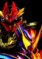  2boys 4ze_meteor absurdres armor black_background commentary crossover gold_armor gozyuwolf highres kamen_rider kamen_rider_gavv kamen_rider_gavv_(series) male_focus multiple_boys no.1_sentai_gozyuger purple_armor simple_background super_sentai tegasword_gozyuwolf tokusatsu upper_body 