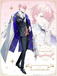  1boy ;) above-cleavage_cutout aiguillette alternate_costume anniversary antenna_hair belt black_belt black_jacket black_pants black_shoes blue_coat blue_hair blue_streaks braid character_name closed_mouth clothing_cutout coat coat_on_shoulders collarbone commentary_request contrast_lapels copyright_name copyright_notice dress_shirt dress_shoes finger_to_mouth fragaria_memories full_body gold_trim gradient_background hair_behind_ear hair_between_eyes hand_on_own_hip hand_up highres jacket jewelry lapel_pin lapels long_sleeves looking_at_viewer louterstella_(fragaria_memories) low_ponytail male_focus mandarin_collar multicolored_hair official_art one_eye_closed pants patterned_clothing pink_background pink_hair ponytail shirt shoes short_hair short_ponytail side_braid side_part sideways_glance smile solo sparkle standing star_(symbol) streaked_hair tassel thighlet two-sided_coat two-sided_fabric ugonba_(howatoro) violet_eyes white_background white_coat white_shirt zoom_layer 