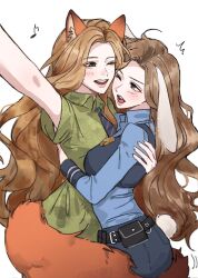  2girls animal_ears arm_up belt blue_shirt brown_hair collared_shirt commentary_request cosplay eighth_note fox_ears fox_girl fox_tail green_shirt hearts2hearts highres judy_hopps judy_hopps_(cosplay) korean_commentary long_hair mogi783751 multiple_girls musical_note necktie nick_wilde nick_wilde_(cosplay) one_eye_closed police police_uniform policewoman rabbit_ears rabbit_girl real_life shirt stella_(hearts2hearts) tail tail_wrap yuha_(hearts2hearts) zootopia 