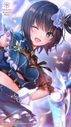  1girl ;d aoi_erika aoi_erika_(brilliant_ultimate_idol) aqua_eyes black_bow black_bowtie black_hair blue_ribbon blue_shirt blue_skirt blurry blurry_background blush bow bowtie breasts chain clothes_lift commentary confetti copyright_logo copyright_notice cowboy_shot crop_top dutch_angle english_commentary eyelashes frilled_skirt frills glint gloves hair_between_eyes hair_ribbon hand_on_own_hip happy heaven_burns_red highres idol idol_clothes index_finger_raised logo looking_at_viewer medium_breasts medium_hair midriff miniskirt official_alternate_costume official_art official_wallpaper one_eye_closed open_mouth outstretched_arm pointing pointing_at_viewer ribbon shirt skirt skirt_lift smile solo sparkle stage upskirt white_gloves wind wind_lift wolf_cut 