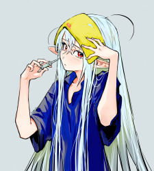  1girl aeria_(eudetenis) ahoge baggy_clothes blue_shirt commentary elf english_commentary eudetenis highres holding holding_syringe ice_pack long_hair looking_at_viewer original oversized_clothes pointy_ears red_eyes shirt sick snot solo syringe very_long_hair white_hair 