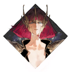  1girl aqua_eyes blunt_ends chinese_commentary closed_mouth commentary cropped_shoulders expressionless gundam gundam_zz haman_karn headgear looking_at_viewer pink_hair plunging_neckline portrait short_hair solo star_(sky) starshadowmagician straight-on 