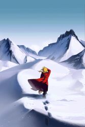  1boy black_boots black_pants blonde_hair boots braid coat edward_elric facing_away footprints from_behind full_body fullmetal_alchemist gloves hashtag-only_commentary highres long_coat long_hair male_focus mountain outdoors pants red_coat single_braid snow solo v8ss5t6xnzwt6sv walking white_gloves 