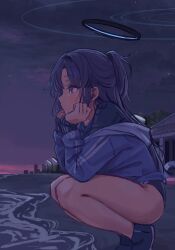  1girl beach blue_archive blue_buruma blue_sky blush buruma commentary_request dusk from_side gym_shirt gym_uniform halo head_on_hands highres jacket jacket_partially_removed lamppost lanyard long_hair long_sleeves looking_ahead masute mechanical_halo ocean official_alternate_costume outdoors ponytail purple_hair purple_sky ring_of_light_(blue_archive) shirt sky skyline solo squatting thighs track_jacket yuuka_(blue_archive) yuuka_(track)_(blue_archive) 
