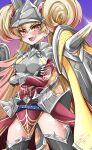  1girl absurdres armor blonde_hair breastplate centurion_primera crossed_arms double_bun dress duel_monster fang gradient_background hair_bun highres long_hair orange_eyes pauldrons red_dress shoulder_armor signature thigh-highs thighs twintails ya-man yu-gi-oh! 