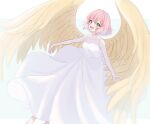  1girl bare_arms blurry blush brown_wings collarbone depth_of_field dress feathered_wings green_eyes harpy_(puyopuyo) kashima_miyako long_dress looking_up open_mouth outstretched_arms pink_hair puyopuyo short_hair solo spread_arms white_dress wings 