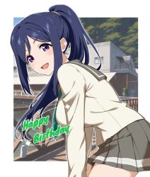 1girl blue_hair green_neckerchief grey_sailor_collar happy_birthday infinite_moppy looking_at_viewer love_live!_sunshine!! matsuura_kanan neckerchief open_mouth ponytail purple_eyes sailor_collar school_uniform smile solo uranohoshi_school_uniform water