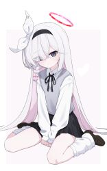  1girl absurdres alternate_costume black_hairband black_shoes black_skirt blue_archive braid cinamon_(cinamori) colored_inner_hair commentary grey_sweater_vest hairband halo highres long_hair looking_at_viewer loose_socks multicolored_hair pink_hair plana_(blue_archive) school_uniform shirt shoes simple_background single_braid sitting skirt socks solo straight_hair sweater_vest two-tone_hair very_long_hair wariza white_background white_hair white_shirt white_socks 