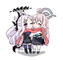  2girls ahoge blue_archive chibi commentary e_v_e_neko halo highres hina_(blue_archive) horns hoshino_(blue_archive) long_hair multiple_girls one_eye_closed pink_hair scarf shared_clothes shared_scarf skirt thigh-highs violet_eyes white_background wings yuri 