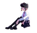  absurdres bibi_(brawl_stars) black_footwear black_hair black_thighhighs brawl_stars cross cross_earrings earrings highres jewelry jy_kokoro looking_at_viewer necktie pleated_skirt shirt shoes simple_background sitting skirt thigh-highs white_background white_shirt 