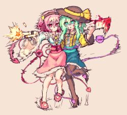  2girls black_hairband black_hat black_pantyhose black_shoes blood blue_shirt cleaver commentary desert_eagle firing full_body green_eyes green_hair gun hair_between_eyes hair_ornament hairband handgun hat hat_ribbon heart heart_hair_ornament high_heels highres holding holding_cleaver holding_gun holding_weapon komeiji_koishi komeiji_satori korean_commentary long_hair long_sleeves multiple_girls pantyhose pink_background pink_eyes pink_hair pink_skirt pink_slippers rampa93 ribbon shell_casing shirt shoes short_hair siblings simple_background sisters skirt slippers standing standing_on_one_leg third_eye touhou weapon wide_sleeves yellow_ribbon yellow_shirt 