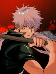  1boy black_shirt blood blood_splatter furrowed_brow gintama grey_hair hair_between_eyes highres holding holding_sword holding_weapon looking_at_viewer male_focus parted_lips popped_collar red_background red_eyes sakata_gintoki shirt short_hair solo sword upper_body v8ss5t6xnzwt6sv weapon wide_sleeves wooden_sword 