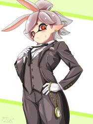  1girl alternate_costume animal_ears black_necktie black_pants blush butler female_butler gloves hand_on_own_hip highres inkling looking_at_viewer marie_(splatoon) mole mole_under_eye necktie pants pocket_watch pointy_ears rabbit_ears short_hair solo splatoon_(series) splatoon_1 suit t2ukmyjm tentacle_hair watch white_gloves 