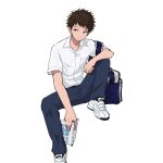  1boy bag black_pants book brown_eyes brown_hair collared_shirt commentary_request highres holding holding_book invisible_chair male_focus original pants school_bag shirt shoes sitting sneakers solo white_shirt yonchi 