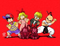  2girls 4boys :d ahoge artist_name belt black_belt black_eyes black_hair black_shoes blue_eyes blue_shorts bow bowl_cut bubble_monkey bubble_monkey's_girlfriend dated dougi dress english_commentary freckles glasses green_jacket hair_bow hat high_ponytail highres jacket jeff_andonuts medium_hair monkey mother_(series) mother_2 multiple_boys multiple_girls ness_(mother_2) paula_(mother_2) pink_dress ponytail poo_(mother_2) posing puffy_short_sleeves puffy_sleeves red_background red_bow red_hat red_shoes scribblface_twt shirt shoes short_hair short_sleeves shorts sideways_hat sitting smile sneakers striped_clothes striped_shirt tongue tongue_out toriyama_akira_(style) v v-shaped_eyebrows white_dougi white_shirt 