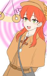  1girl ? ?? arms_behind_back bag belt brown_capelet capelet coat collared_capelet collared_shirt commentary_request detective flat_cap green_eyes grey_bag hat highres hypnosis jewelry long_hair mind_control necklace necktie open_mouth original red_hair red_necktie shirt shoulder_bag solo sweatdrop teeth trembling trench_coat upper_teeth_only white_shirt yanyanv888 