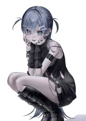  absurdres arm_belt arm_strap arm_warmers belt_boots black_arm_warmers black_boots black_dress blue_eyes blue_hair blush bone_hair_ornament boots cartoon_bone chain chain_necklace commentary_request dress ear_chain ear_piercing hair_between_eyes hair_ornament hairpin hands_on_own_face highres jewelry linked_piercing long_hair looking_at_viewer multiple_hairpins multiple_rings necklace piercing punk qianjian ring shirt short_side_ponytail short_twintails skeleton_print smile squatting text_hair_ornament torn_clothes torn_dress torn_shirt twintails virtual_youtuber vspo! y2k_fashion yano_kuromu yano_kuromu_(1st_costume) 