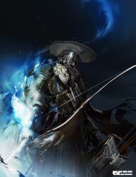  1boy absurdres arknights arrow_(projectile) black_cape black_hat blue_sky bow_(weapon) cape commentary cowboy_shot gradient_sky hashtag-only_commentary hat highres holding holding_bow_(weapon) holding_weapon ju_(arknights) looking_at_viewer looking_down male_focus mask qiumoyixing quiver robot sky solo weapon 